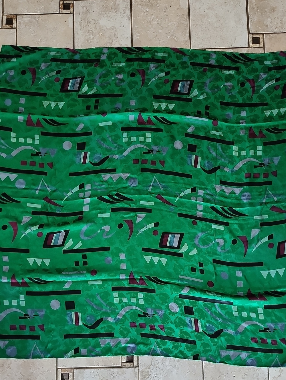 Vtg Made In Korea Green Abstract Geometric Print Silk Square Double Sided Scarf